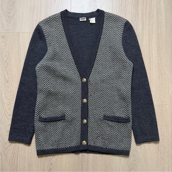 Celine Sweaters - Celine Vintage Navy Herringbone Cardigan Sweater